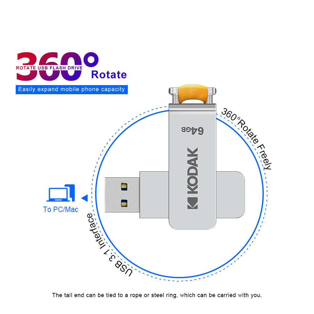 KODAK K133 128GB USB3.1 Flash Drive Rotating Metal USB3.0 Stick Pendrive Memory Stick for TV Computer Car Speaker