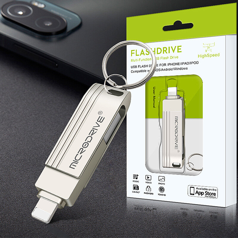 Microdrive 128GB USB3.0&iP Flash Drive 2-in-1 Dual Metal Interface USB3.0 OTG Pendrive for PC Tablet Phone Projector Car Audio