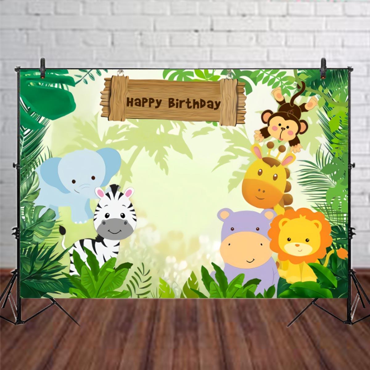 5x3FT 7x5FT 9x6FT Jungle Elephant Lion Happy Birthday Photography Backdrop Background Studio Prop