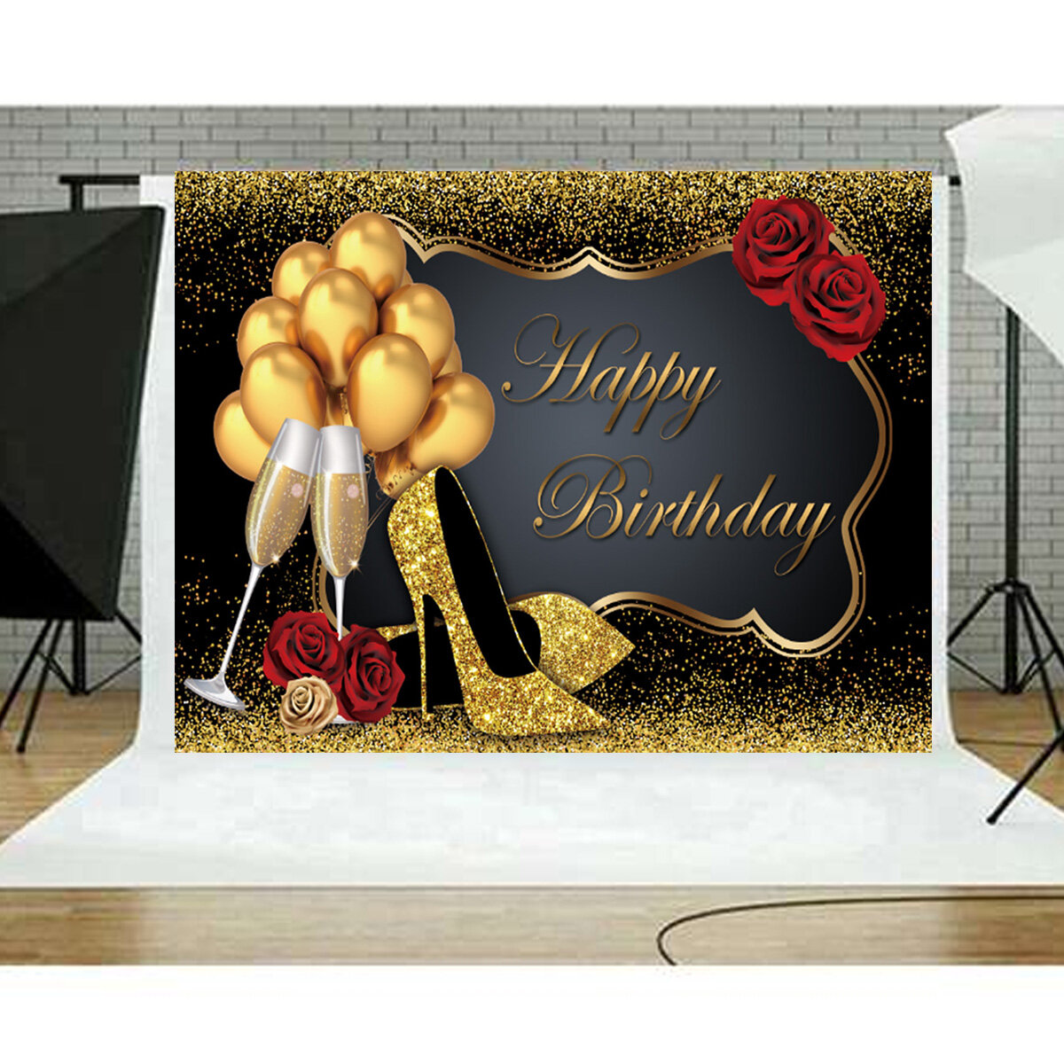 5x3FT 7x5FT 9x6FT High Heel Glass Golden Balloon Birthday Theme Photography Backdrop Background Studio P