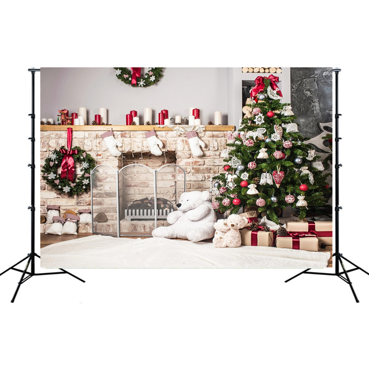 Christmas Photography Backdrop 3D Tree Brick Fireplace White Bear Printed Vinyl Photo Studio Background Cloth