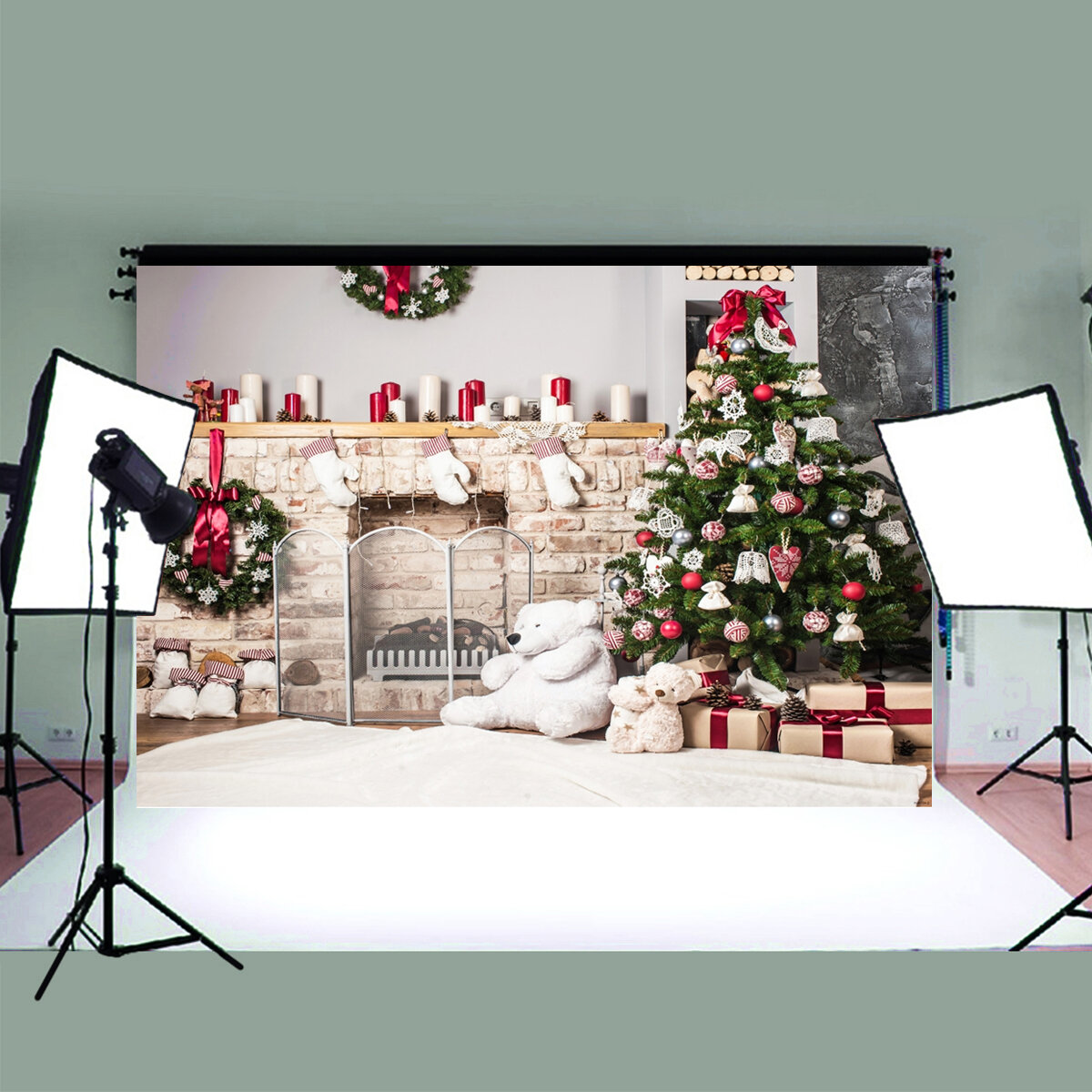 Christmas Photography Backdrop 3D Tree Brick Fireplace White Bear Printed Vinyl Photo Studio Background Cloth