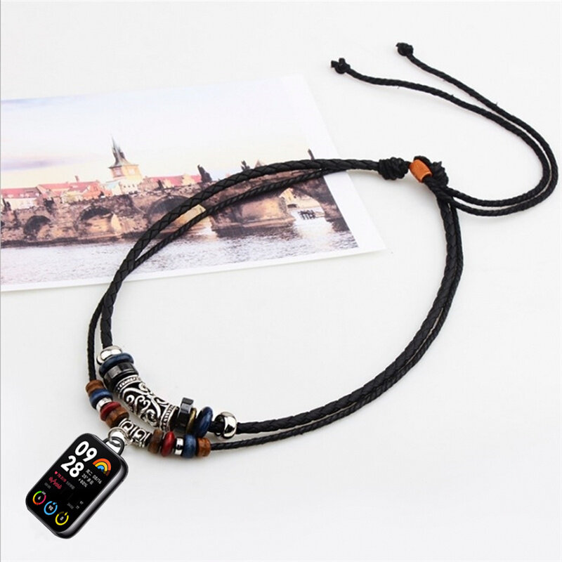 Dual Beaded Woven Cord Vintage Necklace Cord for Xiaomi Mi Band 8 Pro Smart Bracelet Accessory