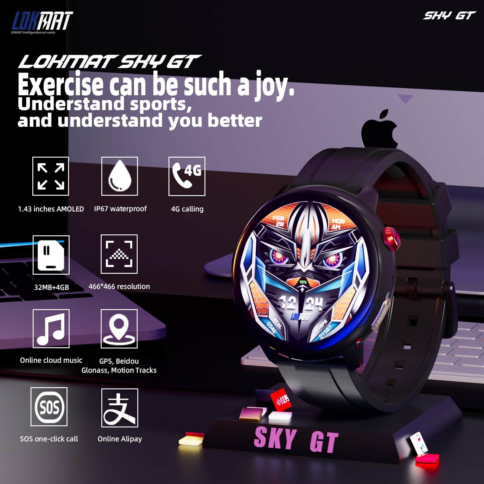 [World Premiere]LOKMAT SKY GT 4G Sim Card Calling GPS 1.43 inches 466*466pixels AMOLED SOS Music Heart Rate Monitor Sports Modes