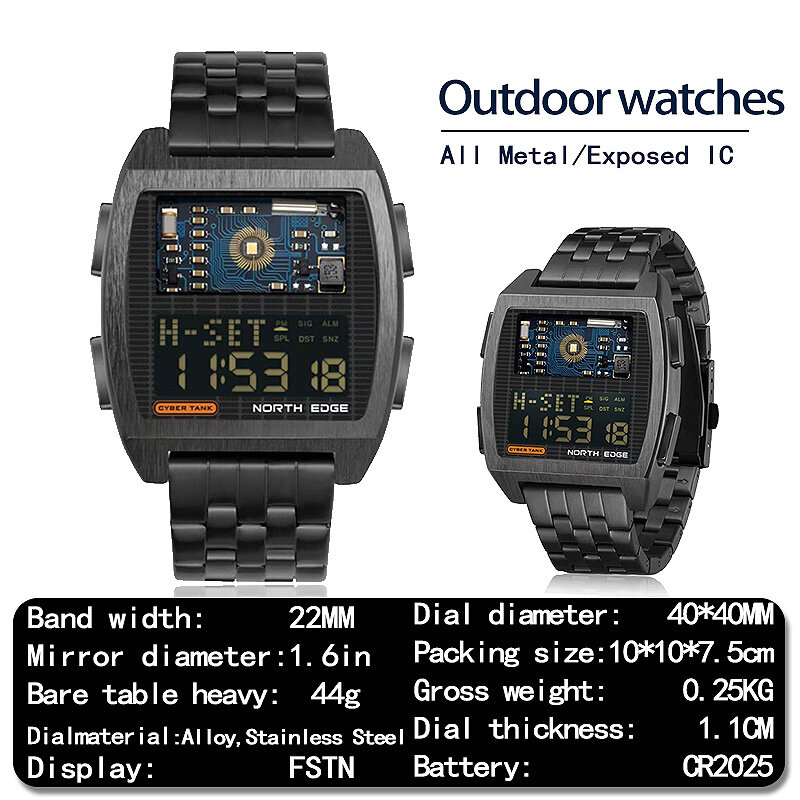 NORTH EDGE CYBER TANK 50M Waterproof Stopwatch Timing Calendar Electronics LED Display Digital Watch Outdoor Sport Smart Watch