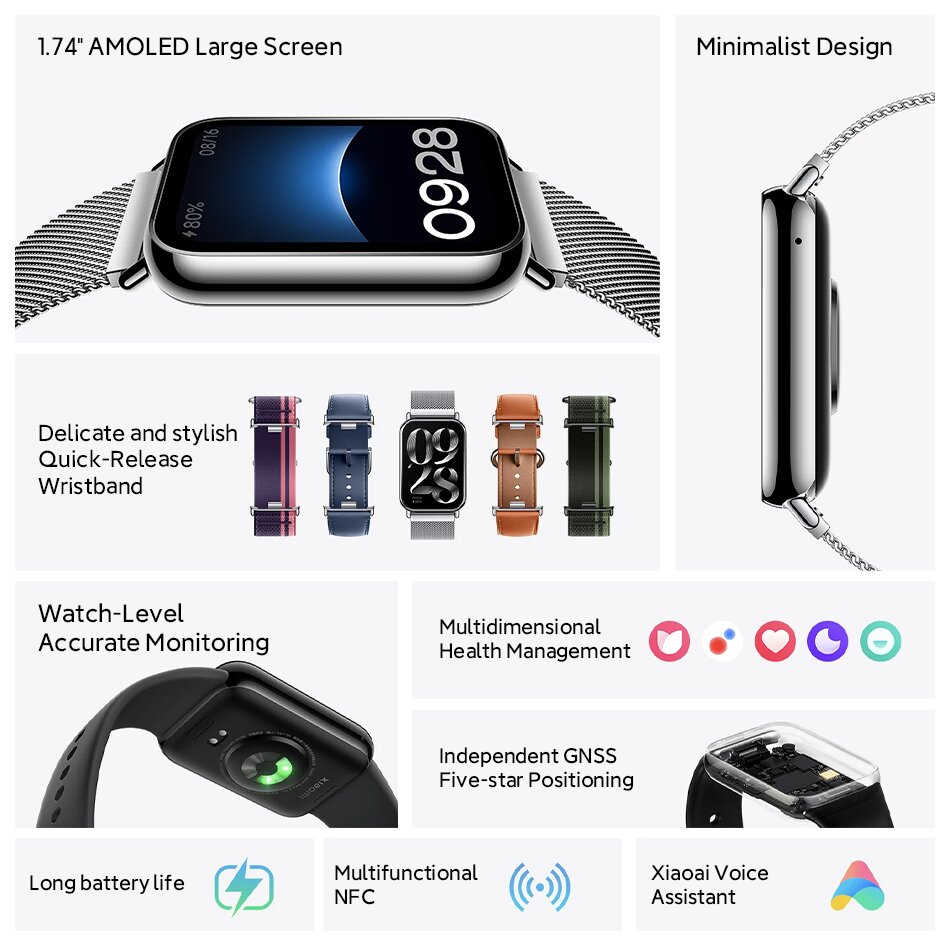 Xiaomi Mi Band 8 Pro 1.74inch AMOLED Display GPS Heart Rate Blood Oxygen Monitor Sleep Monitoring NFC 150+ Sports Mode 5ATM Wate