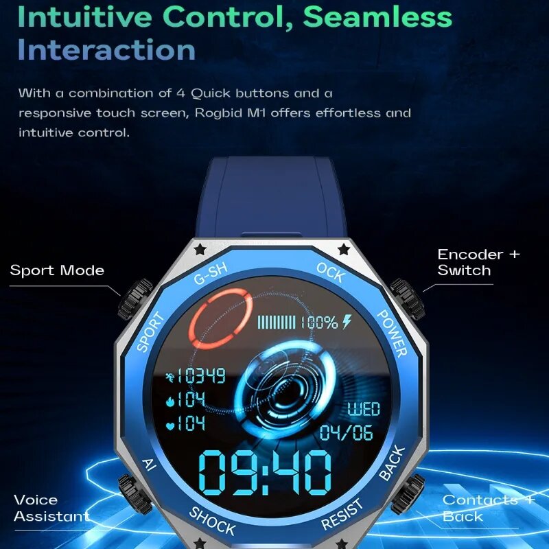 Rogbid Tank M1 5ATM Waterproof Swimming Hifi Bluetooth Call Heart Rate Blood Pressure SpO2 Monitor Fitness BT5.3 Smart Watch