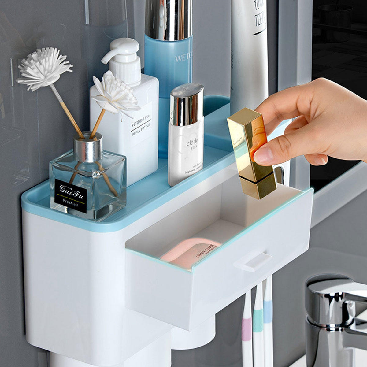 Wall Mount Adsorption Toothbrush Holder Inverted Cups with Toothpaste Squeezer CO