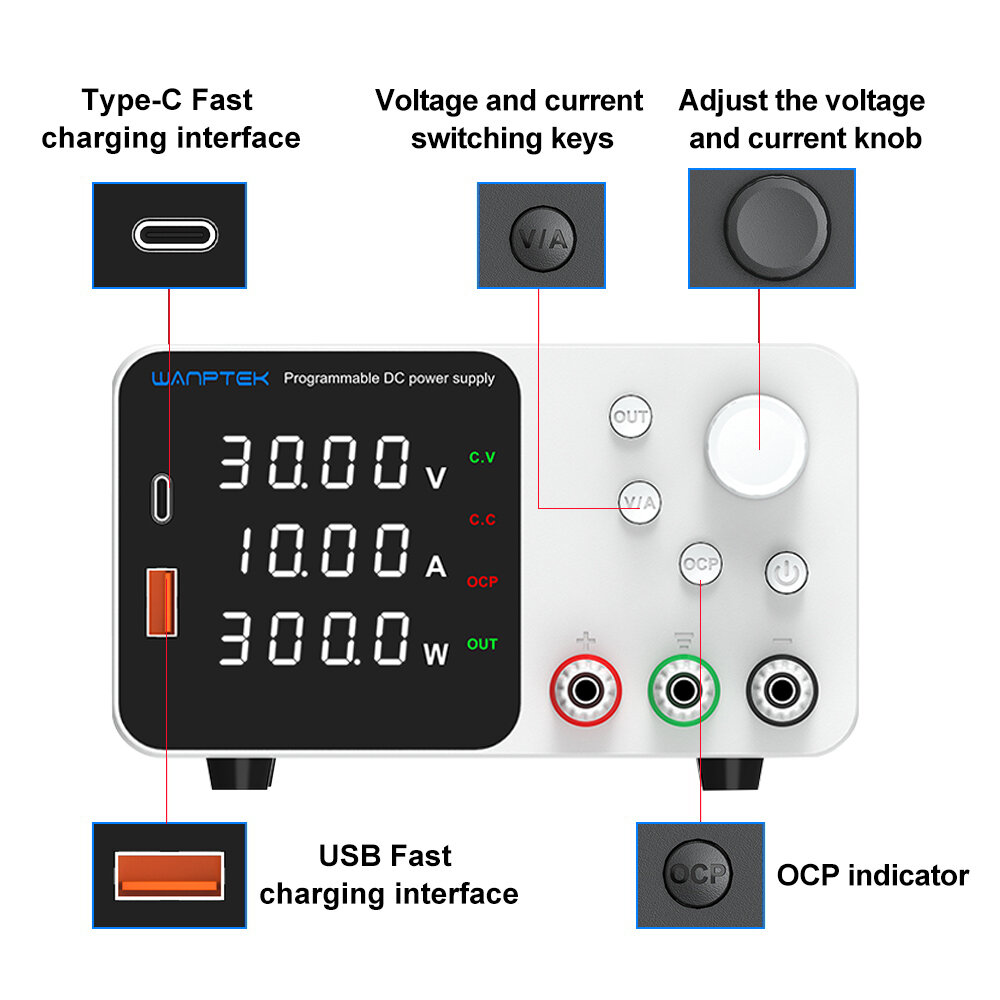 WANPTEK Lab Bench Power Supply 300W US Plug Laboratory Switching Power Supply Unit 30V 10A Adjustable Digital Source 60V 5A Volt