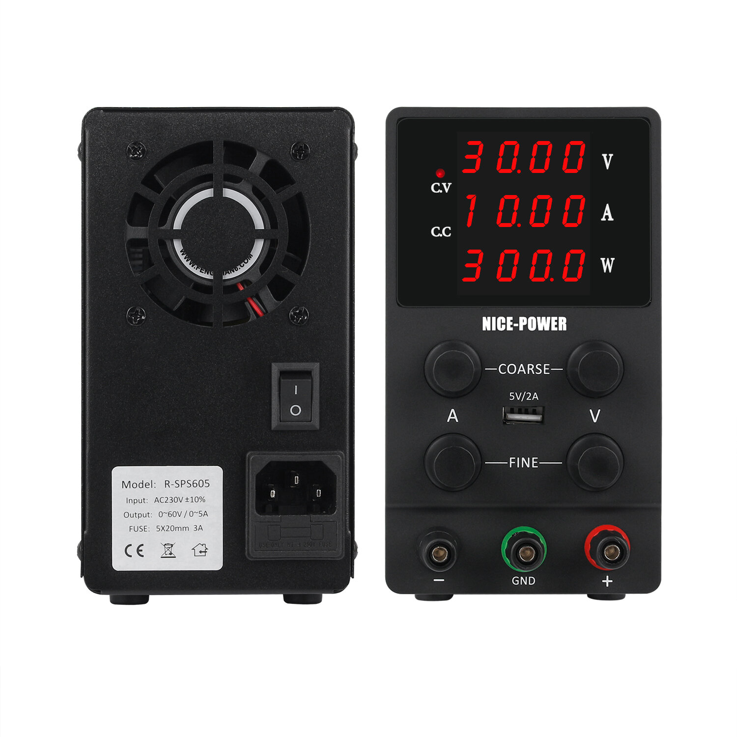 NICE-POWER SPS3010 Digital Power Supply 0-30V 0-10A Four-Digit Display USB 5V2A Adjustable Knobs Stable DC Output