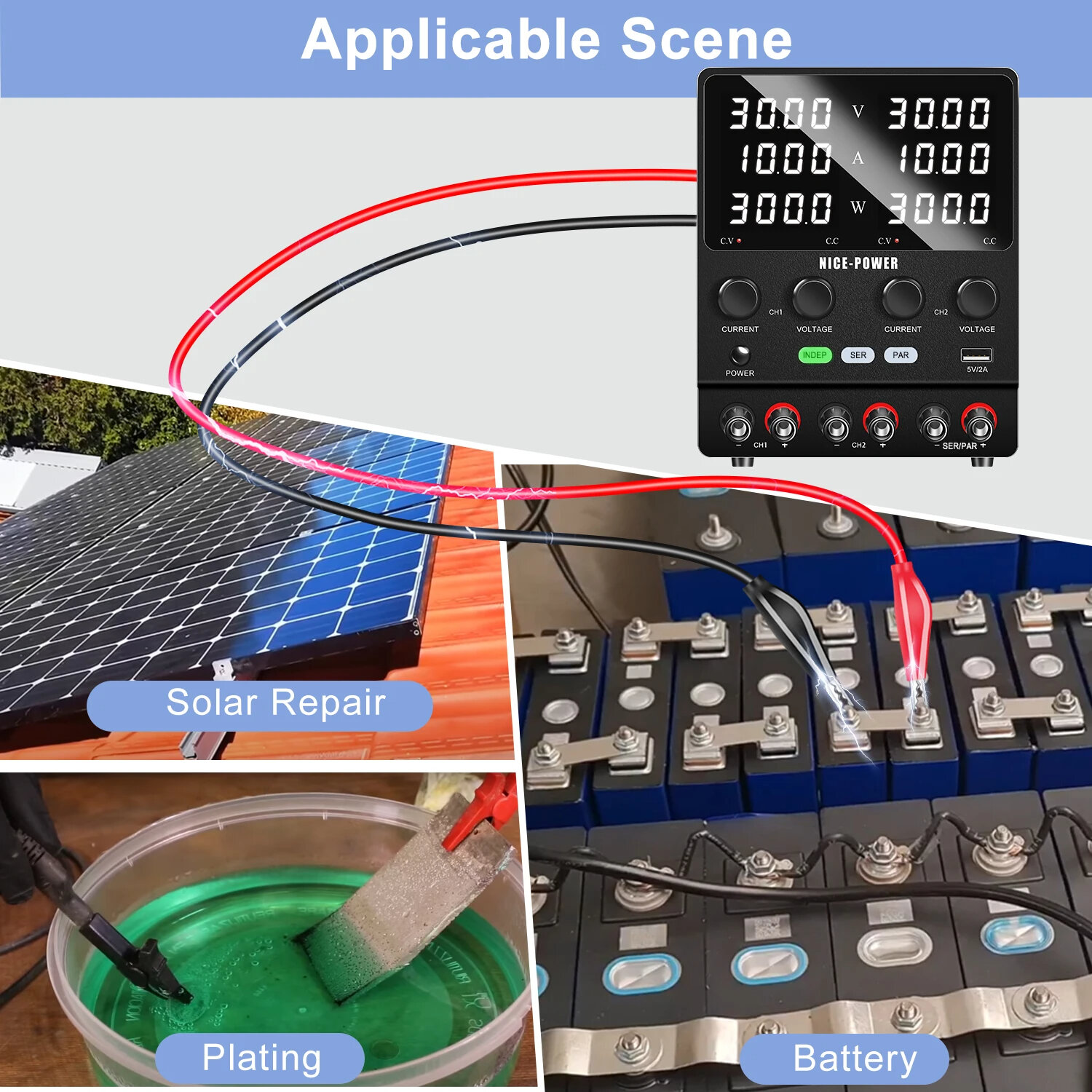 KUAIQU Adjustable Dual-Channel Power Supply Series Parallel Independent Triple Output Function Bench Power Supplies Charge Batte