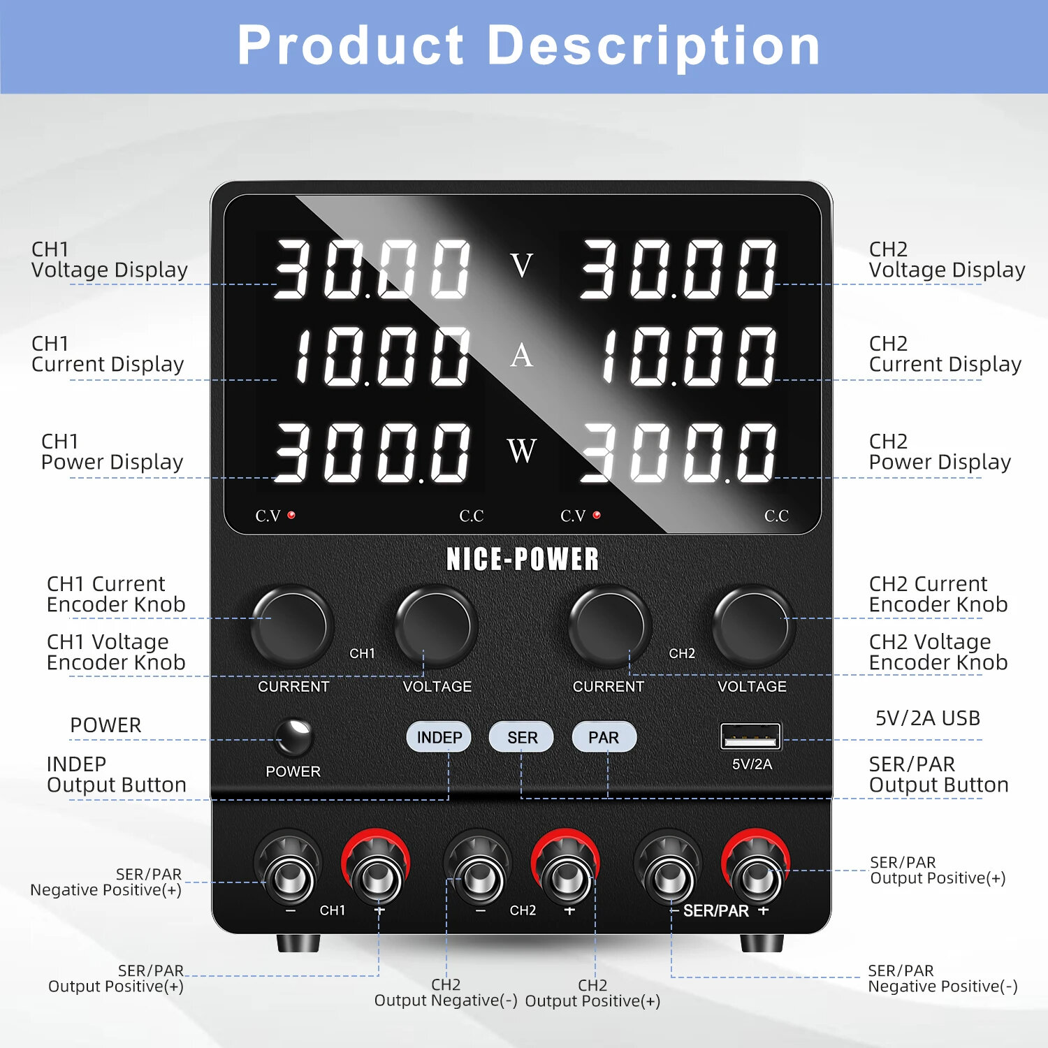 KUAIQU Adjustable Dual-Channel Power Supply Series Parallel Independent Triple Output Function Bench Power Supplies Charge Batte