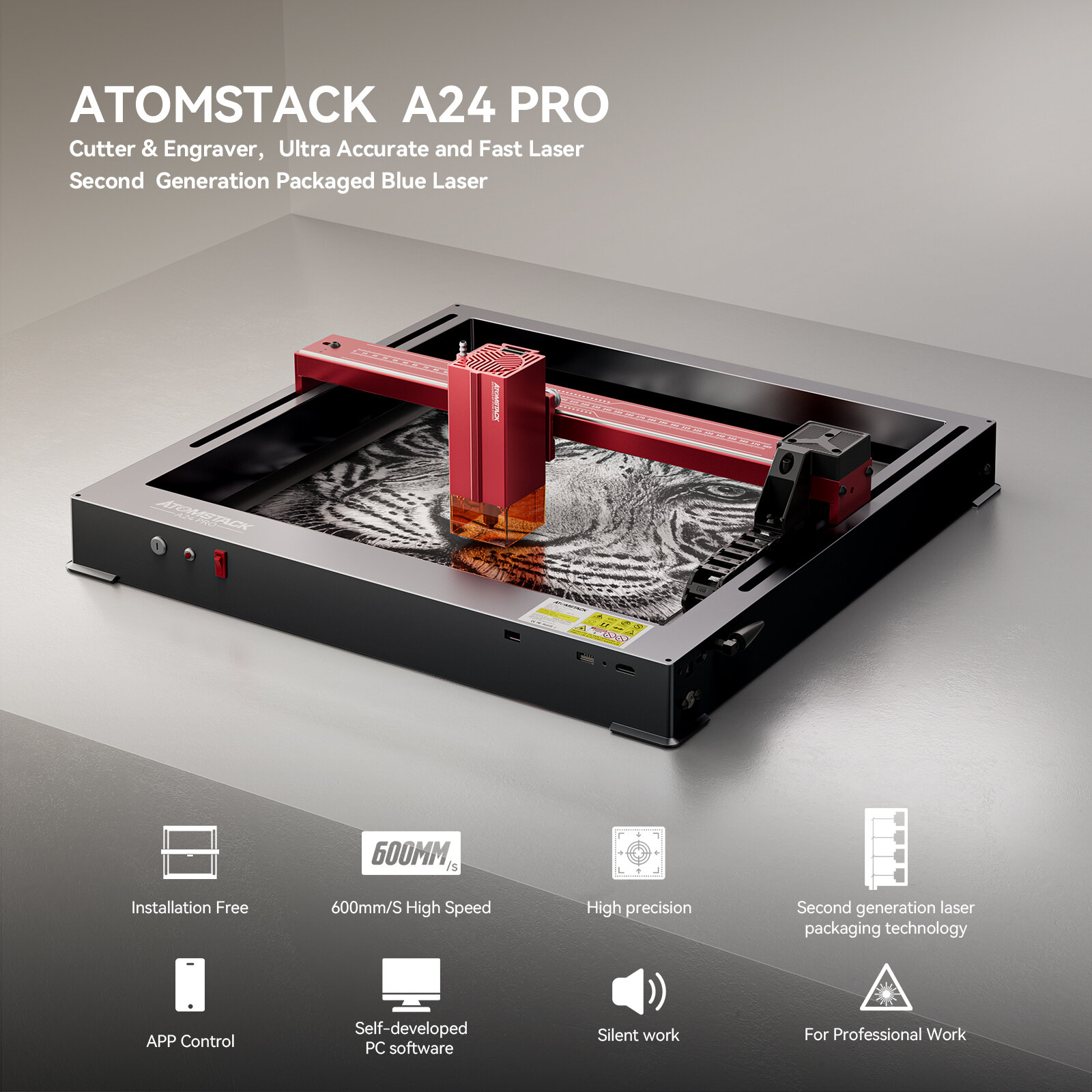 ATOMSTACK A24 Pro Laser Engraver 24W Laser Output Power Laser Engraving Machine 600m/s High Speed for Wood / Metal / Acrylic / L