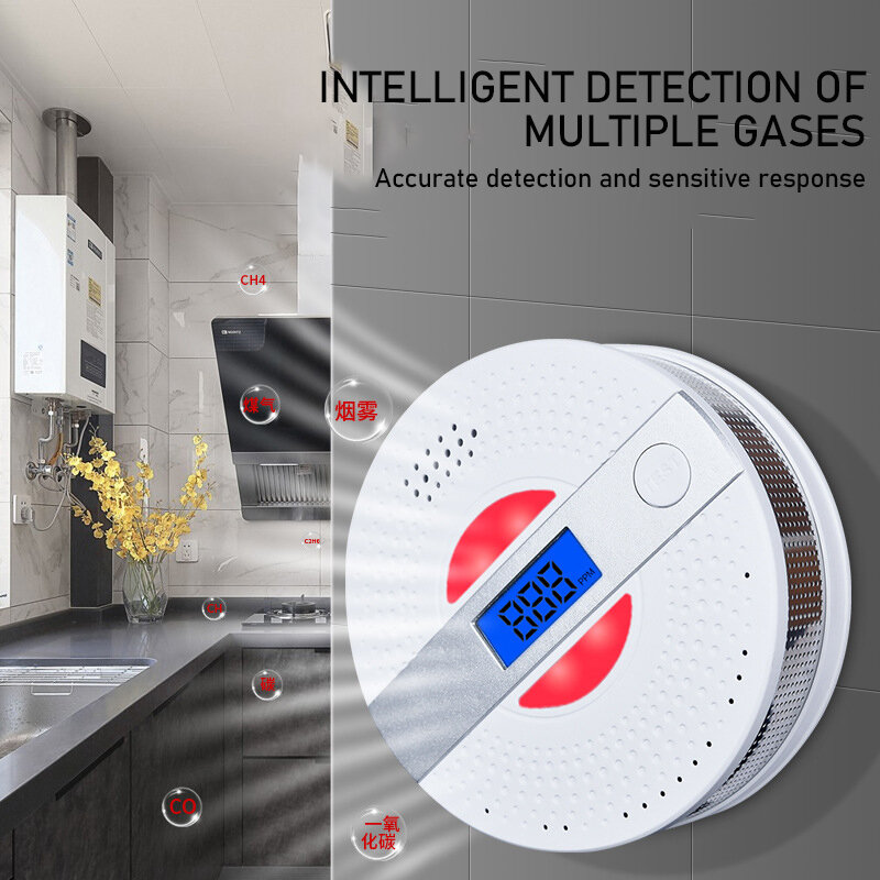 Home Smoke Detector Carbon Monoxide Detection Alarm Real-time Monitoring LED Display Sound Light Alarming Troubleshooting Functi