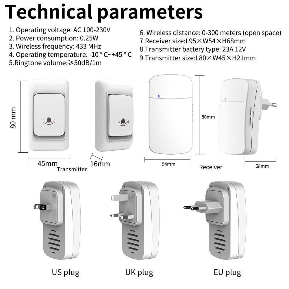 WHM07 1-to-1 Outdoor Wireless Doorbell 38 Kinds Music 3-level Volume Adjustable 300M Remote Music Door Bell EU Plug