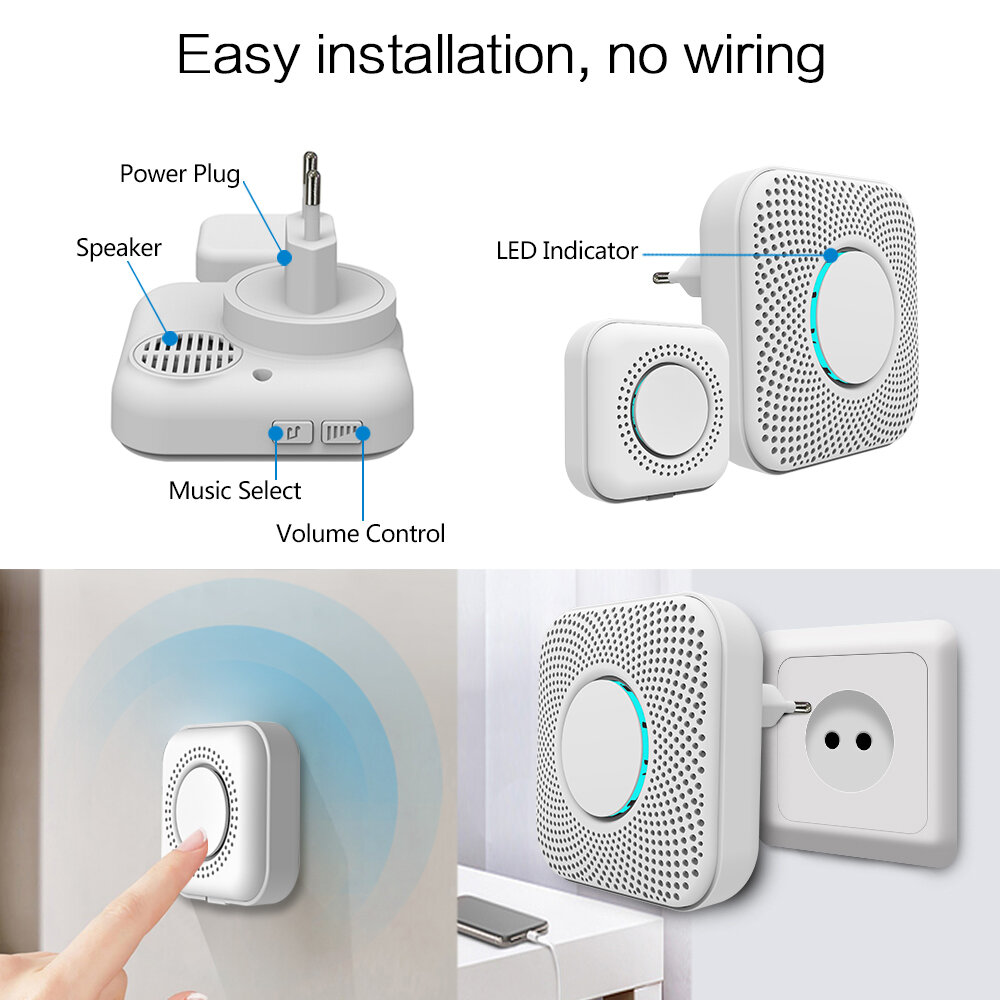 PGST PJ-16 Smart Home Music Doorbell Wireless Alarm Chimes 8-level Volume Built-in 36 Ringtones Door Bell for Home Safety