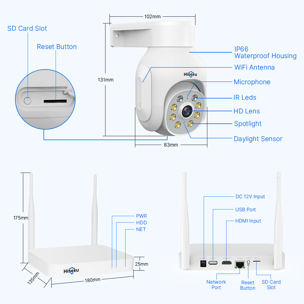 3MP Wireless WiFi CCTV Video Surveillance Camera System Outdoor Audio Street Security Protection IP Kit Hiseeu Motion Alarm