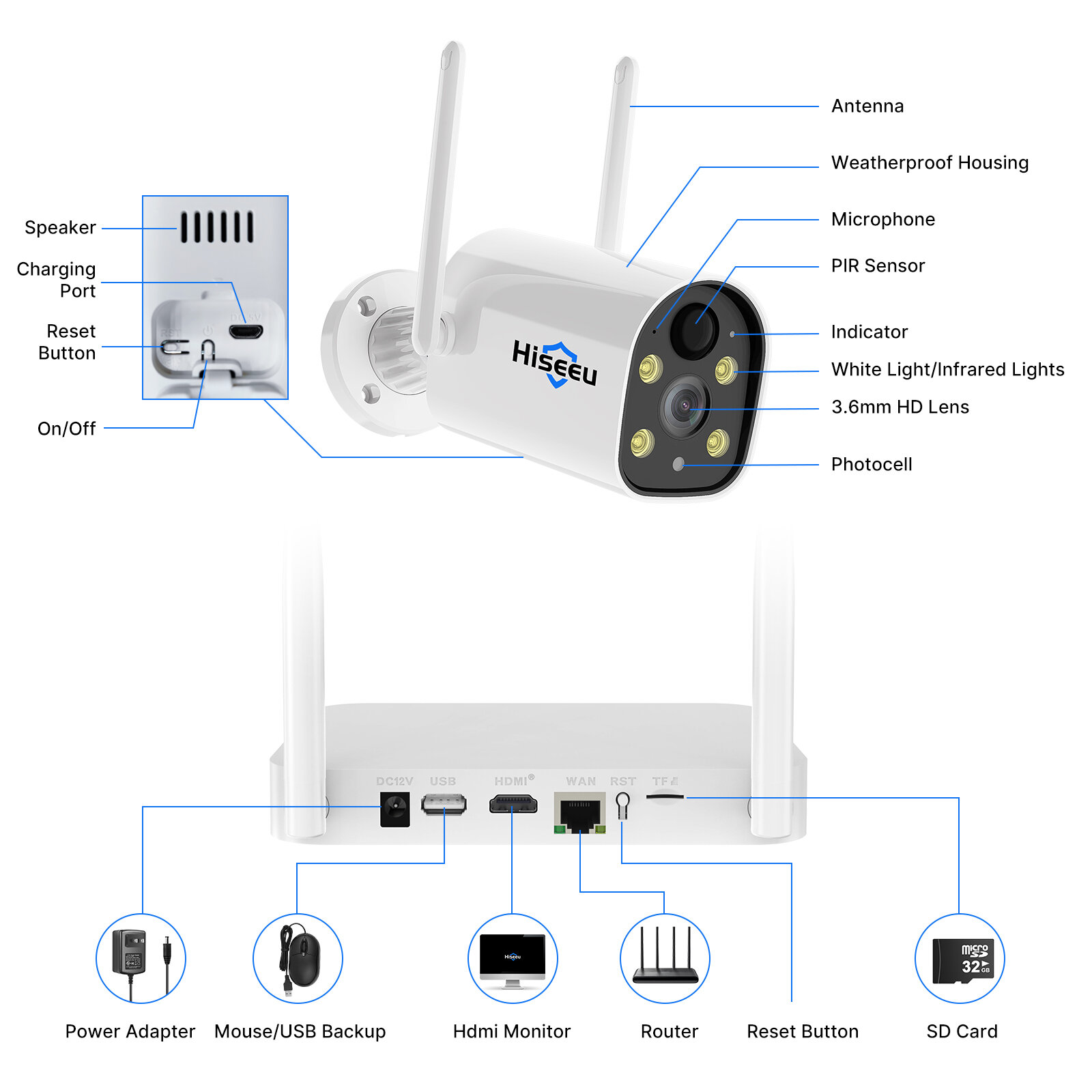 Hiseeu 2K HD Wireless 3-Cam Kits Solar Battery Powered Wireless Security Camera System Spotlight Color Night Vision 2-Way Audio