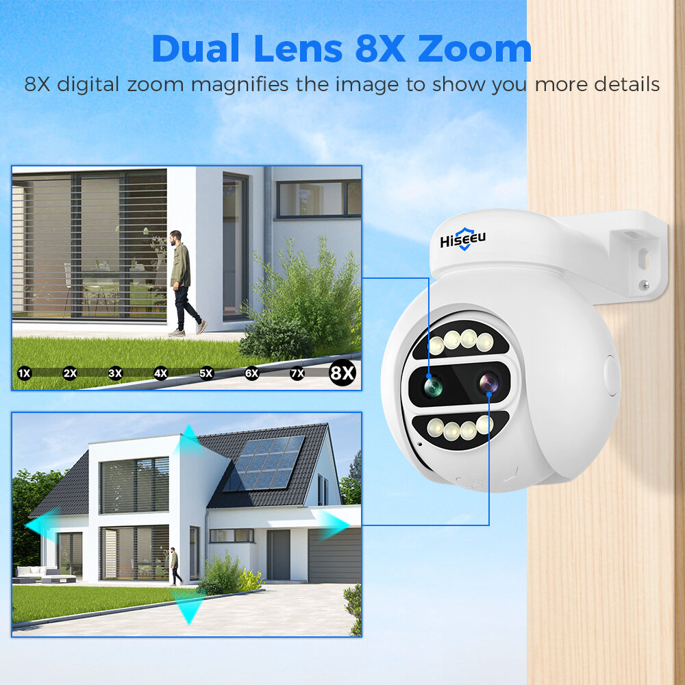 Hiseeu 4MP+4MP Dual Lens PTZ POE IP Camera 8X Zoom Full Color Night Vision 2-Way Audio H.265+ IP65 Waterproof CCTV Security Vide