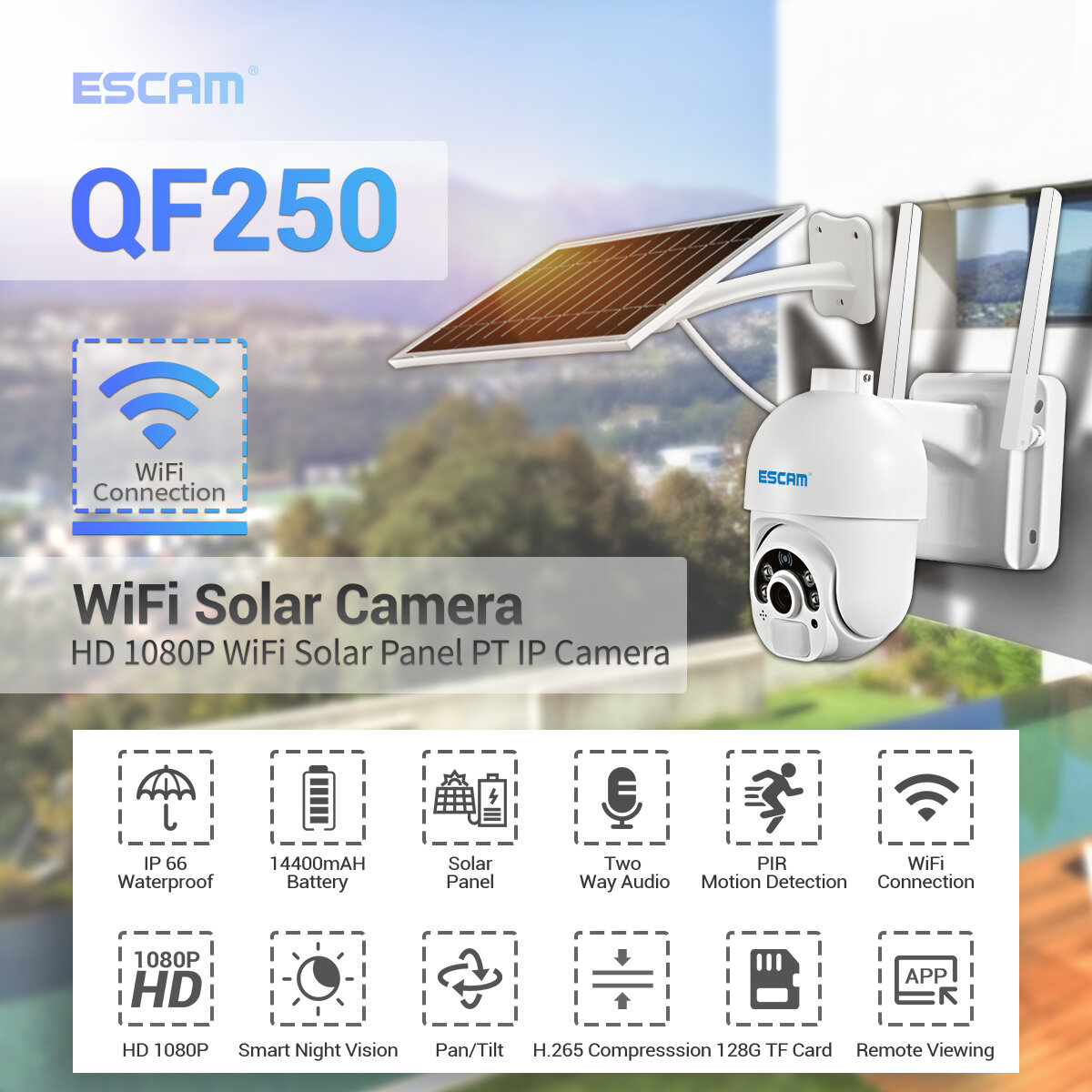 ESCAM QF250 1080P Cloud Storage WIFI Battery PIR Alarm Dome IP Camera With Solar Panel Full Color Night Vision PTZ Two Way Audio