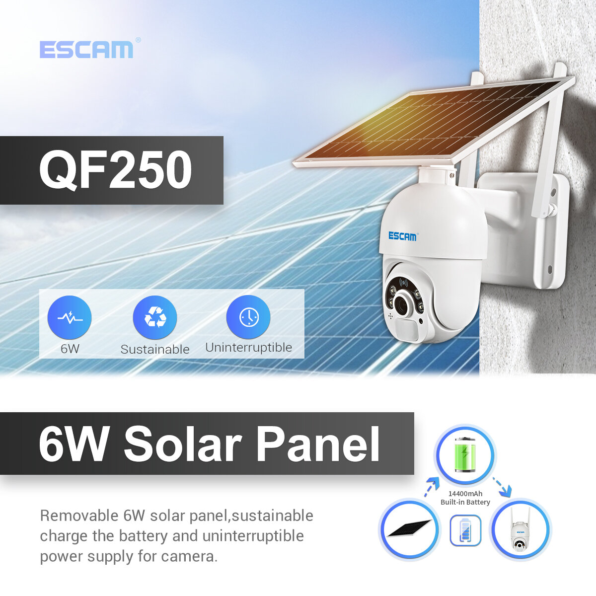 ESCAM QF250 1080P Cloud Storage WIFI Battery PIR Alarm Dome IP Camera With Solar Panel Full Color Night Vision PTZ Two Way Audio