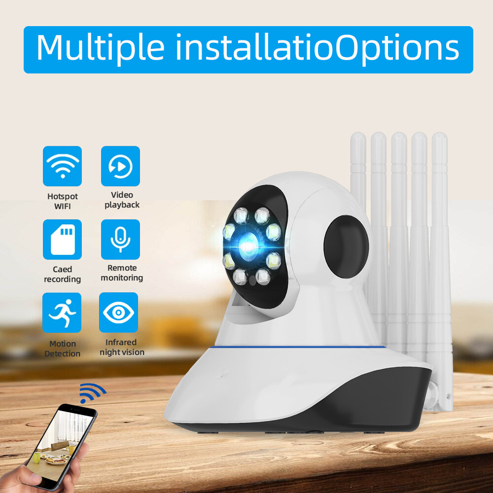 Guudgo Five Antenna 1080P PTZ WIFI IP Camera 360° Viewing Angle Two-Way Audio Night Vision Cloud Storage Motion Detections