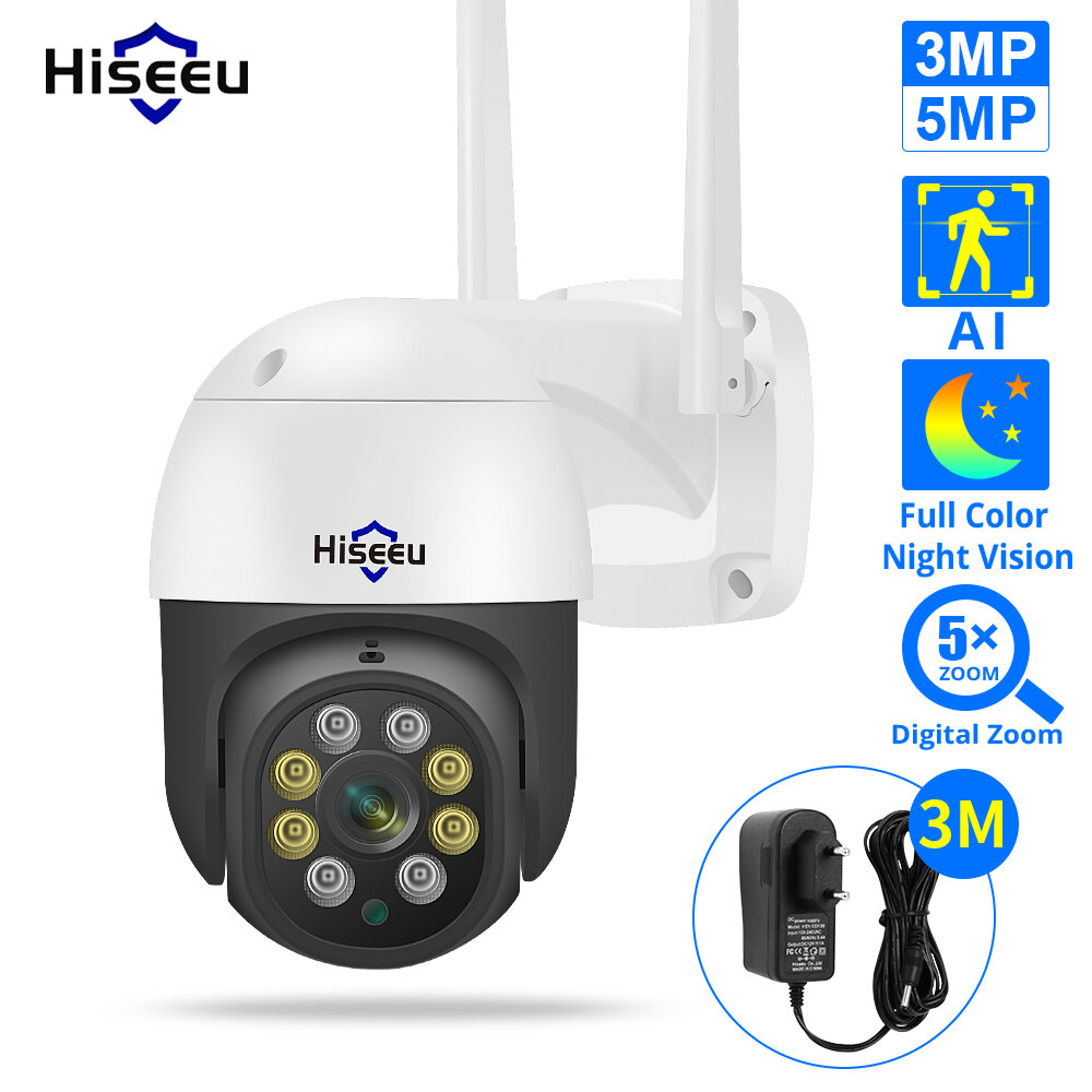 Hiseeu 3MP/5MP PTZ IP Camera Outdoor Security AI Human Detection H.265X Wireless WiFi Video Surveillance Cameras iCsee P2P