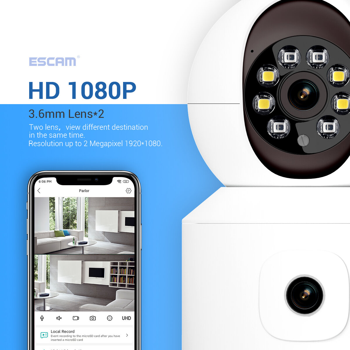 ESCAM QF010 2x2MP Two Lens Dual Perspectives Pan/Tilt Motion Detection Cloud Storage Waterproof WiFi IP Camera with Two Way Audi