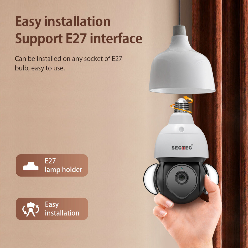 SECTEC Tuya 5MP HD WiFi Light Bulb Camera Full Color Night Vision Motion Tracking PTZ APP Control Two-way Audio Smart Home Secur