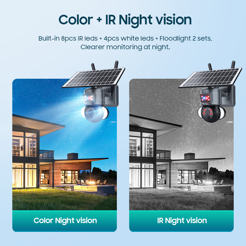 SECTEC Solar WiFi Camera 3MP HD Color Night Vision PIR Human Detection Two-way Audio IP65 Waterproof Solar Powered Surveillance