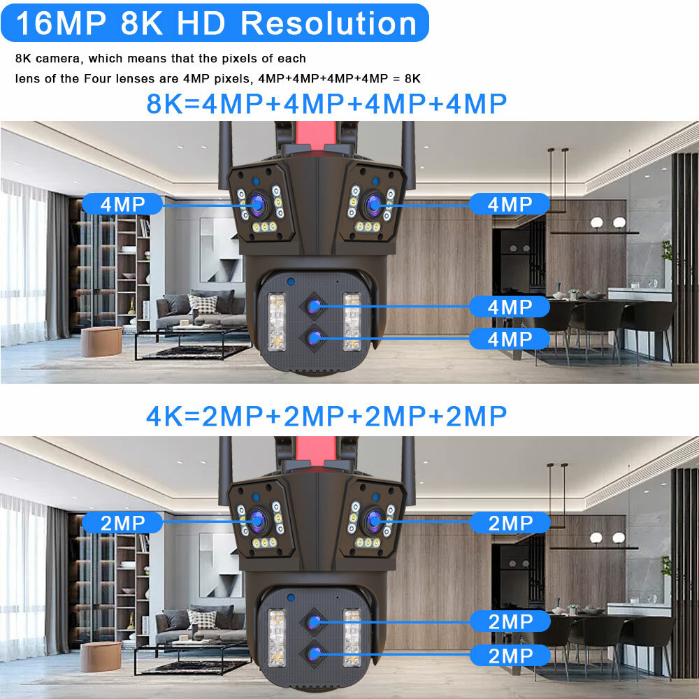 8K HD 16MP 10X Zoom WiFi IP Camera Auto Tracking Two Way Audio PTZ Camera Outdoor Four Lens Three Screen 4MP+4MP+4MP+4MP Surveil