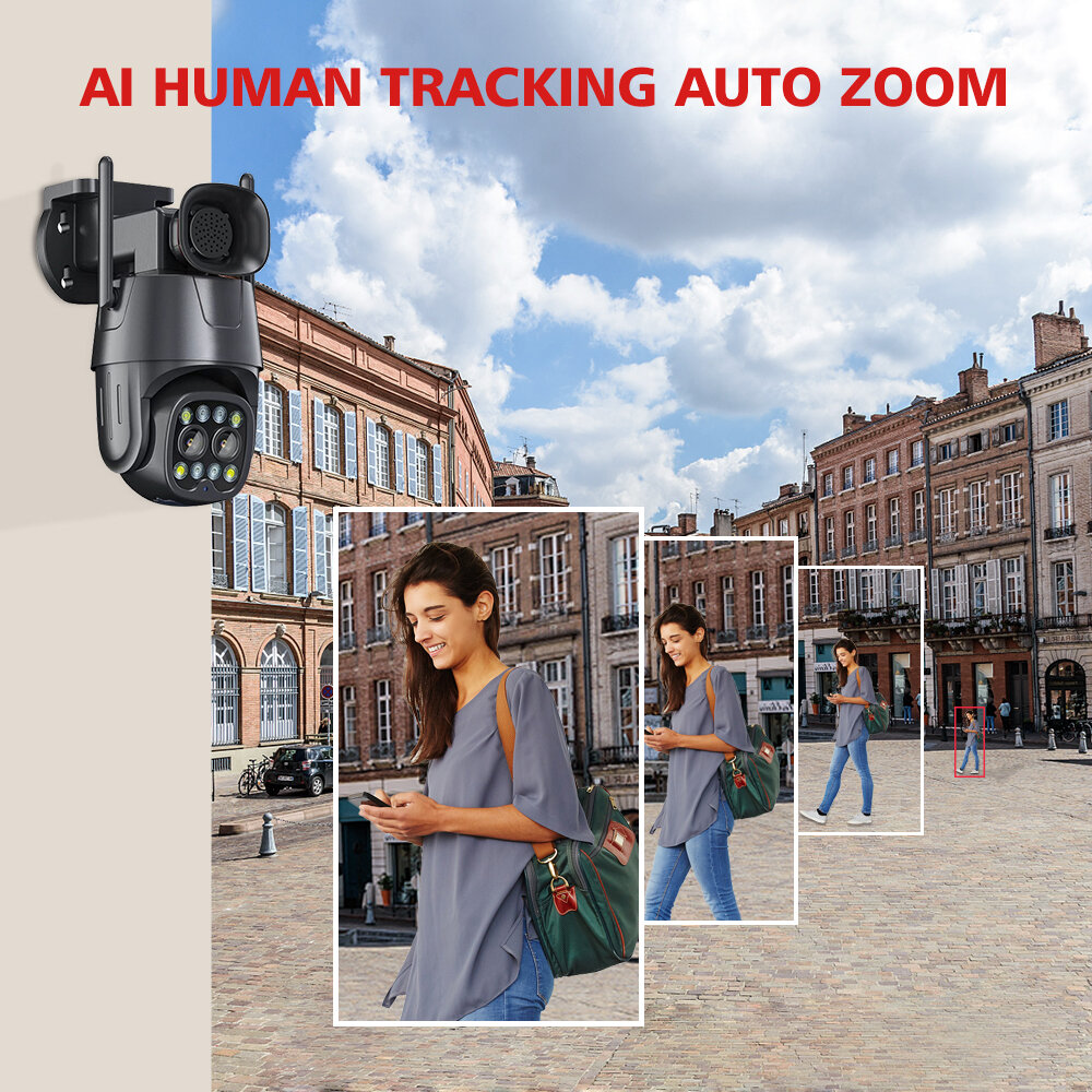 4G/WiFi 4MP+4MP Dual Lens Outdoors PTZ Security Camera 2.8mm-8mm 10X Zoom 8MP AI Human Tracking Color Night Vision Serveillance