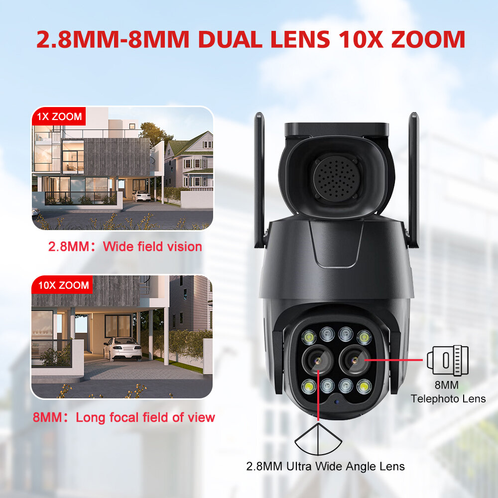 WiFi/4G IP Camera Dual Lens 2MP+2MP PTZ Security Camera 2.8mm-8mm 10X Zoom Outdoor AI Human Tracking Color Night Vision Monitori