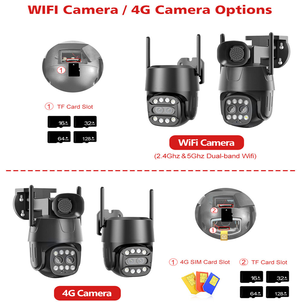 WiFi/4G IP Camera Dual Lens 2MP+2MP PTZ Security Camera 2.8mm-8mm 10X Zoom Outdoor AI Human Tracking Color Night Vision Monitori