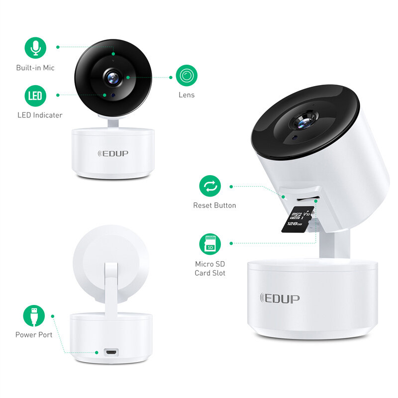 EDUP 1080P HD WiFi PTZ Camera Motion Detection Two-way Voice Remote Monitoring IP Cam Indoors Surveillance Safety Cameras EU Plu