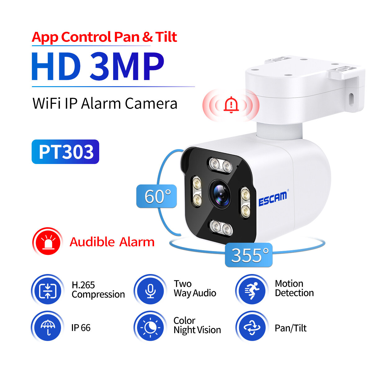 ESCAM PT303 3MP WiFi IP Alarm Camera Wireless Color Night Vision Human Detection Two Way Audio IP66 Audible Alarm H.265 APP Cont