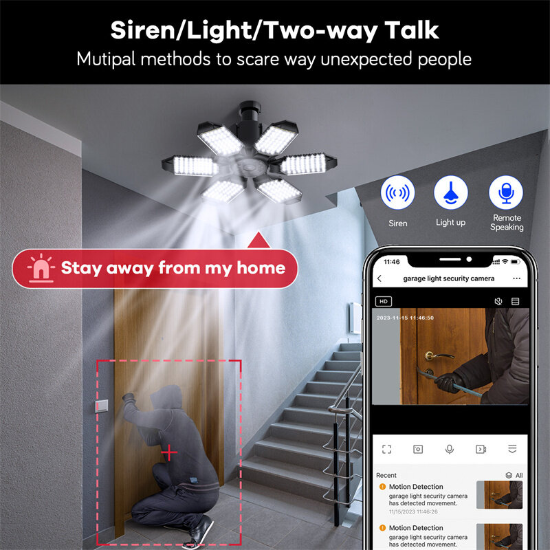 Guudgo E27 WIFI Garage Cameras with 6-Panels LED Lights Motion Detection Night Vision Two-way Talk Surveillance Smart Home Secur