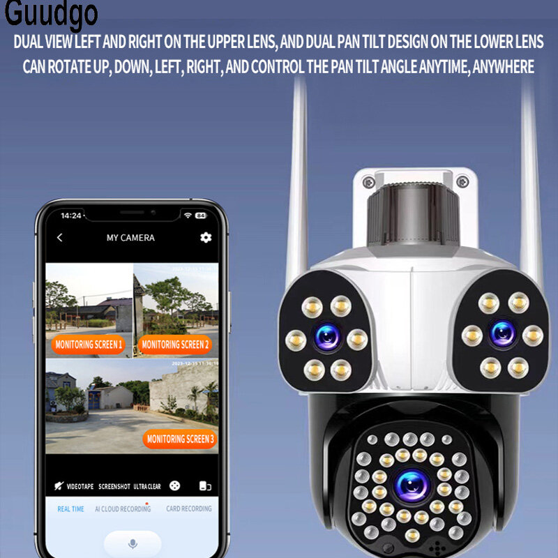 Guudgo 3MP+3MP+3MP Outdoor WiFi Cameras Three Screen View HD IP Camera Color Night Vision Human Detection Two-way Intercom IP66