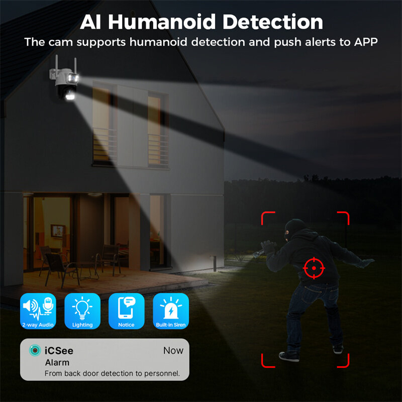 WS418B 4K 8MP Dual Lens Outdoor WiFi Camera Wireless PTZ Security ONVIF H.265+ Cam Night Vision AI Humanoid Detection Auto Track