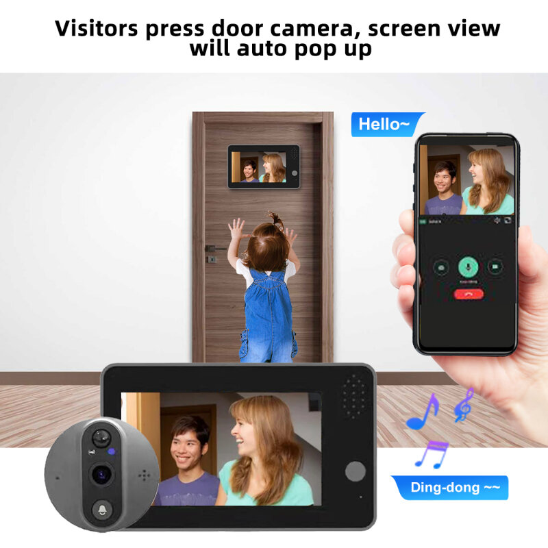 Smart Tuya WiFi Video Doorbell 4.3inch LCD Display with 1080P Peephole Camera 5000mAh Two-way Intercom Outdoors Cat Eye Viewer C