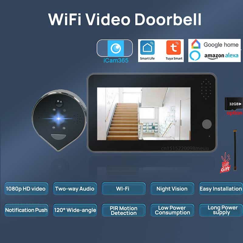 Tuya Smart WiFi Doorbell 1080P HD Eye Peephole Camera with 4.3inch LCD Screen Display 5000mAh Night Vision PIR Motion Detection