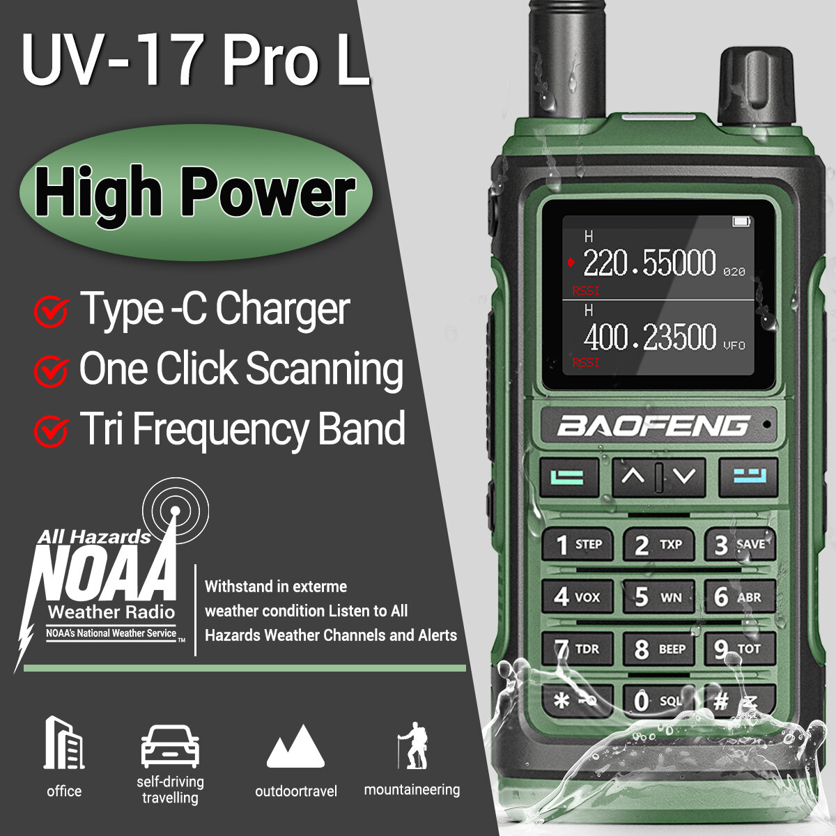 Baofeng UV-17pro M L High Power Walkie Talkie 136-520MHz Three Band Portable Handheld Two-way Radio Intercom with 1.77 inch Colo