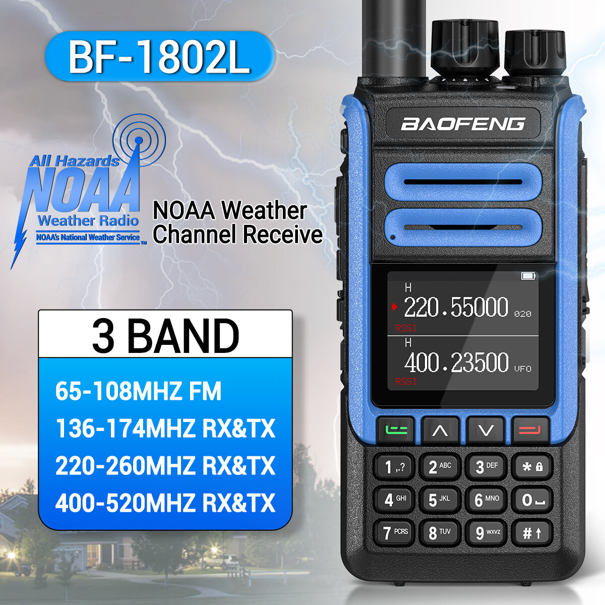 BAOFENG BF-1802L High Power Walkie Talkie 999 Channels Tri Band Wireless Copy Frequency Long Range NOAA Weather Channel Ham Two