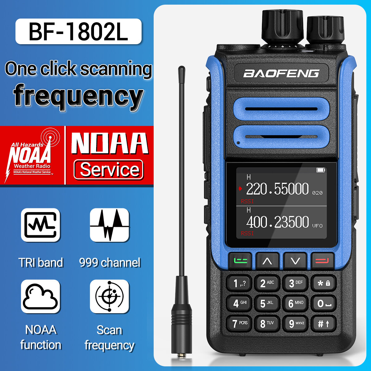 BAOFENG BF-1802L High Power Walkie Talkie 999 Channels Tri Band Wireless Copy Frequency Long Range NOAA Weather Channel Ham Two