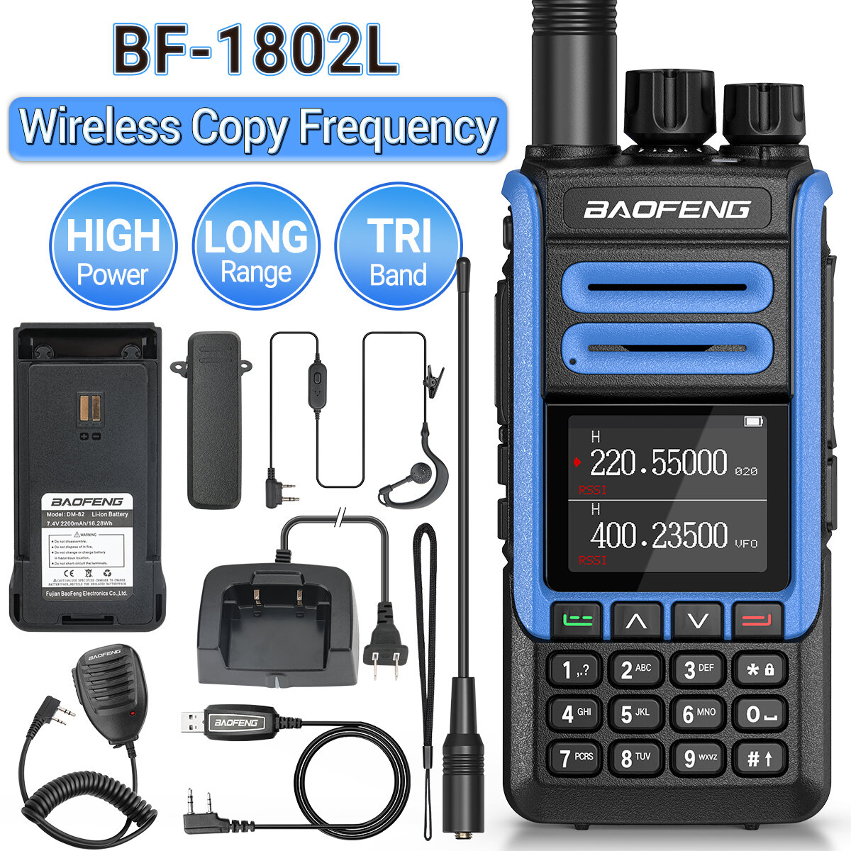 BAOFENG BF-1802L High Power Walkie Talkie 999 Channels Tri Band Wireless Copy Frequency Long Range NOAA Weather Channel Ham Two