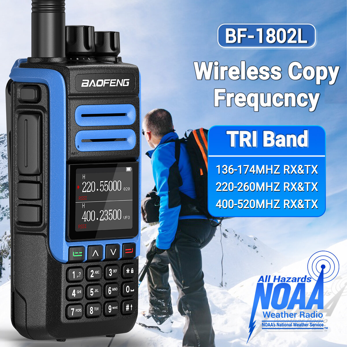 BAOFENG BF-1802L High Power Walkie Talkie 999 Channels Tri Band Wireless Copy Frequency Long Range NOAA Weather Channel Ham Two