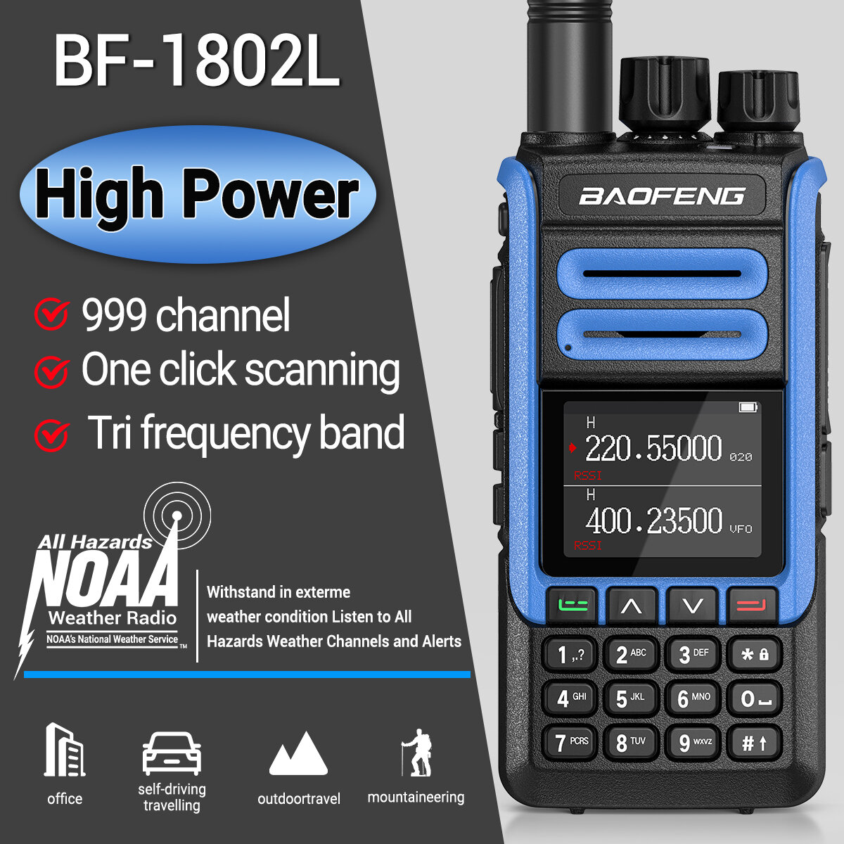 BAOFENG BF-1802L High Power Walkie Talkie 999 Channels Tri Band Wireless Copy Frequency Long Range NOAA Weather Channel Ham Two