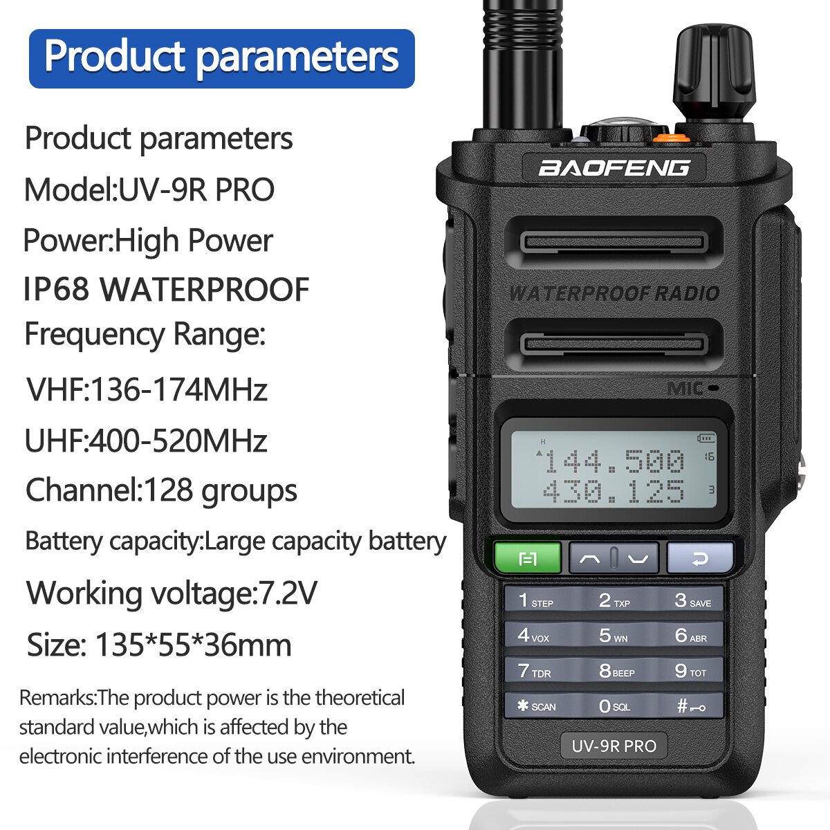 Baofeng UV-9R PRO V2 128 Channels High-Power Walkie Talkie UV Dual Band CB Ham Radio IP68 Waterproof 2800mAh Flashlight Two-way