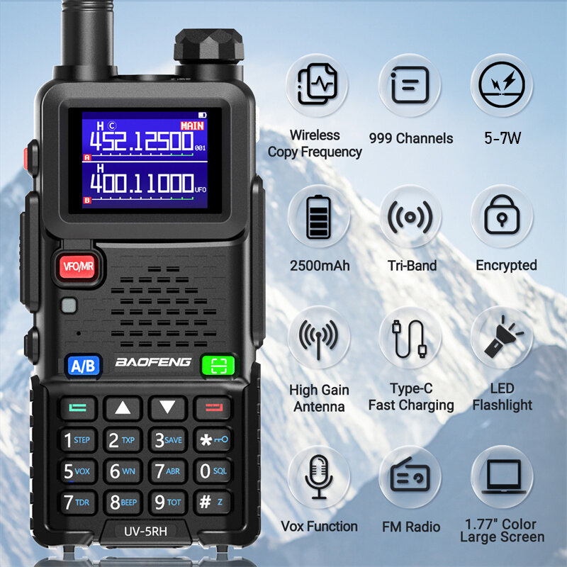 Baofeng UV-5RH 5W Tri-band EU Walkie Talkie 1.77inch Screen Large Range 2500mAh Type-C Rechargeable Handheld Two-way Radio with