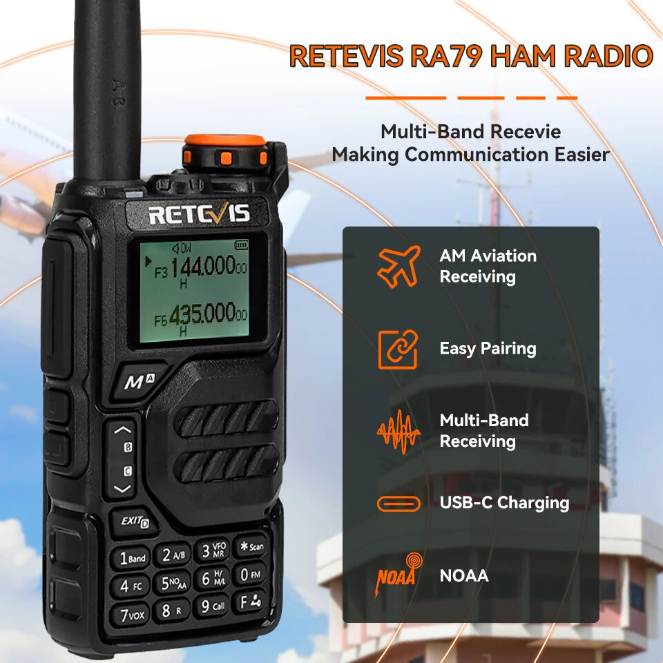 Retevis RA79 5W UV Dual Band Walkie Talkie AM FM Airband Frequency Receiving Multi-Band Receiving USB-C Charging Ham Portable Ha